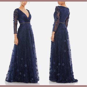 NEW $798‎ Mac Duggal [ 8 ] Floral Applique Long Sleeve Wrap Gown Blue